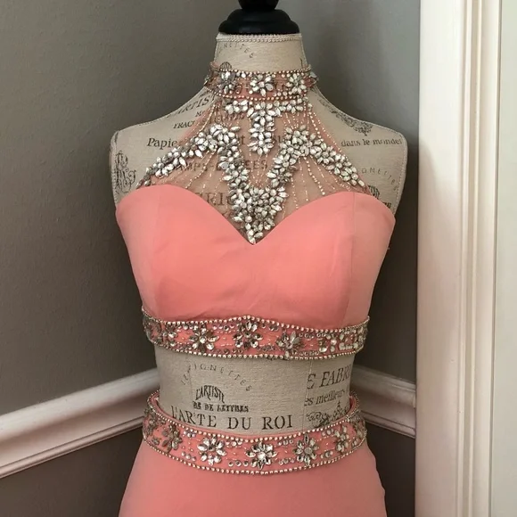 NEW ALYCE PARIS SZ 6 PINK CORAL TWO PIECE BEAD ILLUSION FORMAL EVENING GOWN - Picture 3 of 15